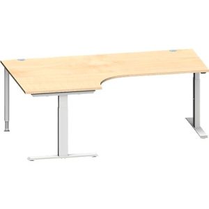 Schäfer Shop Genius Winkelschreibtisch MODENA FLEX, 90° Winkel links, T-Fuß Rechteckrohr, B 2000 x T 1200/800 x H 650-850 mm, Ahorn/weißalu