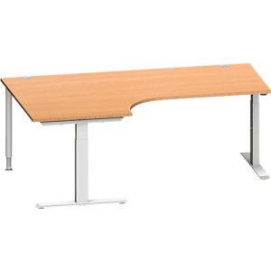 Schäfer Shop Genius Winkelschreibtisch MODENA FLEX, 90° Winkel links, T-Fuß Rechteckrohr, B 2000 x T 1200/800 x H 650-850 mm, Buche/weißalu