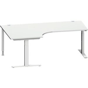 Schäfer Shop Genius Winkelschreibtisch MODENA FLEX, 90° Winkel links, T-Fuß Rechteckrohr, B 2000 x T 1200/800 x H 650-850 mm, lichtgrau/weißalu