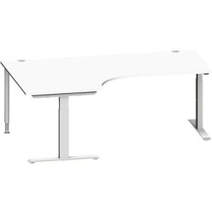 Schäfer Shop Genius Winkelschreibtisch MODENA FLEX, 90° Winkel links, T-Fuß Rechteckrohr, B 2000 x T 1200/800 x H 650-850 mm, weiß/weißalu