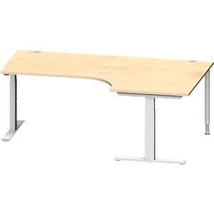 Schäfer Shop Genius Winkelschreibtisch MODENA FLEX, 90° Winkel rechts, T-Fuß Rechteckrohr, B 2000 x T 1200/800 x H 650-850 mm, Ahorn/weißalu