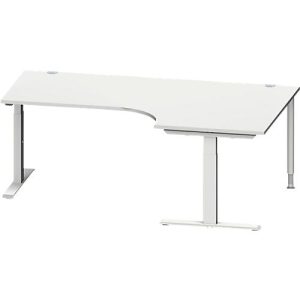 Schäfer Shop Genius Winkelschreibtisch MODENA FLEX, 90° Winkel rechts, T-Fuß Rechteckrohr, B 2000 x T 1200/800 x H 650-850 mm, lichtgrau/weißalu