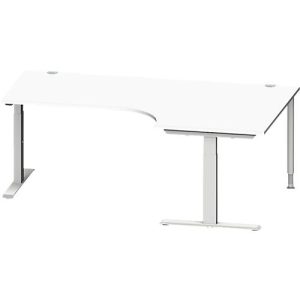 Schäfer Shop Genius Winkelschreibtisch MODENA FLEX, 90° Winkel rechts, T-Fuß Rechteckrohr, B 2000 x T 1200/800 x H 650-850 mm, weiß/weißalu