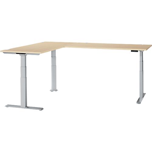 Schäfer Shop Genius Winkelschreibtisch Modena Flex, elektrisch höhenverstellbar, 90° Winkel beidseitig, B 2000 x T 2400 mm, Ahorn/weißaluminium