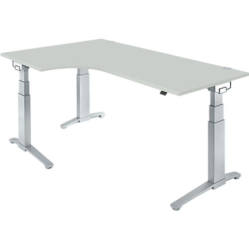 Schäfer Shop Genius Winkelschreibtisch PLANOVA ERGOSTYLE, elektrisch höhenverstellbar, 90° Winkel links, C-Fuß, B 2000 mm, lichtgrau/weißalu
