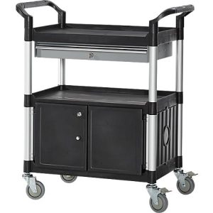 Schäfer Shop Pure Mehrzweckwagen, schwarz, Aluminium/Kunststoff, mit Schublade und Schrank, 4 Vollgummi-Lenkrollen, L 850 x B 480 x H 1000 mm