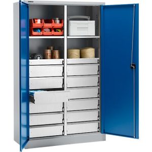Schäfer Shop Select Materialschrank MS 2512, mit 14 Schubladen, B 1200 x T 500 x H 1935 mm, Feinblech, weißaluminium/enzianblau Schäfer Shop Select Materialschrank MS 2512, mit 14 Schubladen, B 1200 x T 500 x H 1935 mm, Feinblech, weißaluminium/enzianblau