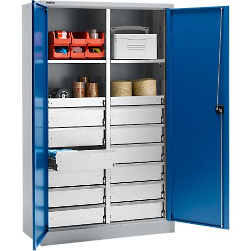 Schäfer Shop Select Materialschrank MS 2512, mit 14 Schubladen, B 1200 x T 500 x H 1935 mm, Feinblech, weißaluminium/enzianblau