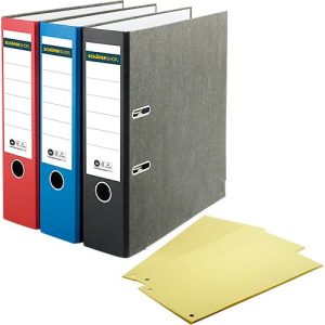 Schäfer Shop Select Ordner, A4, Rückenbreite 80 mm, Qualitäts-Hebelmechanik, Griffloch, 20 Stück, schwarz + gratis Trennstreifen, gelb, 100 Stück
