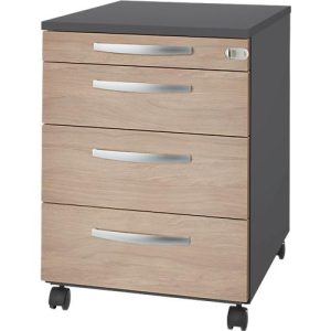 Schäfer Shop Select Rollcontainer LOGIN, 3 Schubladen, 1 Utensilienauszug, Zentralverriegelung, B 432 x T 580 x H 595 mm, graphit/Eiche