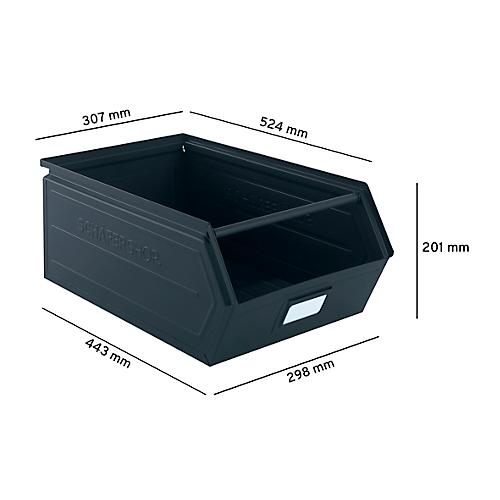 Schäfer Shop Select Sichtlagerkasten, mit Tragestab, L 524 x B 307 x H 201 mm, 26 l, 120 kg, Stahl, RAL 5008 (graublau)