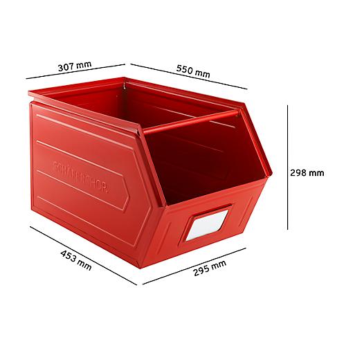 Schäfer Shop Select Sichtlagerkasten, mit Tragestab, L 550 x B 307 x H 298 mm, 40 l, 150 kg, Stahl, RAL 3000 (feuerrot)