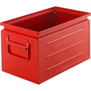 Schäfer Shop Select Stapelbox, Volumen 13,4 l, 80 kg, Faltgriffe, L 379 x B 207 x H 200 mm, Stahlblech, rot RAL 3000