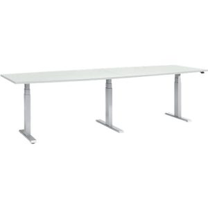 Schäfer Shop Select Tisch, elektrisch höhenverstellbar, Boot, T-Fuß, B 2800 x H 640-1300 mm, lichtgrau/weißaluminium