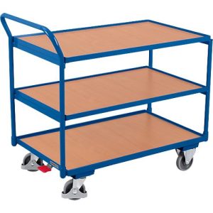Schäfer Shop Select Tischwagen, leicht, Stahl/MDF-Platte, Enzianblau/Buche-Dekor, 3 Etagen, L 985 x B 605 mm, TPE-Rollen mit EasySTOP, bis 250 kg Schäfer Shop Select Tischwagen, leicht, Stahl/MDF-Platte, Enzianblau/Buche-Dekor, 3 Etagen, L 985 x B 605 mm, TPE-Rollen mit EasySTOP, bis 250 kg