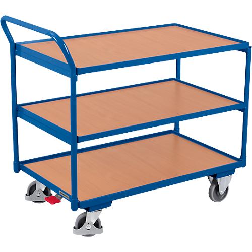 Schäfer Shop Select Tischwagen, leicht, Stahl/MDF-Platte, Enzianblau/Buche-Dekor, 3 Etagen, L 985 x B 605 mm, TPE-Rollen mit EasySTOP, bis 250 kg