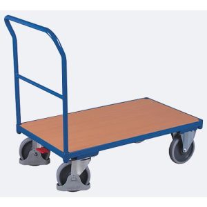 Schiebebügelwagen, Stahl/MDF-Platte, Enzianblau/Buche-Dekor, L 1030 x B 700 mm, mit Querstrebe, TPE-Rollen mit EasySTOP, bis 500 kg