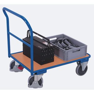 Schiebebügelwagen, Stahl/MDF-Platte, Enzianblau/Buche-Dekor, L 850 x B 500 mm, mit Querstrebe, TPE-Rollen mit EasySTOP, bis 400 kg