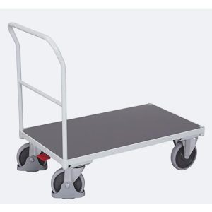 Schiebebügelwagen, Stahl/MDF-Platte, Lichtgrau/Dunkelgrau, L 1030 x B 600 mm, mit Querstrebe, TPE-Rollen mit EasySTOP, bis 500 kg