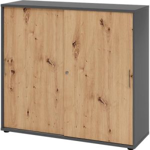 Schiebetürschrank Breno, abschließbar, Spanplatte, melaminharzbeschichtet, B 1200 x T 400 x H 1100 mm, 3 Ordnerhöhen, Graphit/Asteiche Schiebetürschrank Breno, abschließbar, Spanplatte, melaminharzbeschichtet, B 1200 x T 400 x H 1100 mm, 3 Ordnerhöhen, Graphit/Asteiche