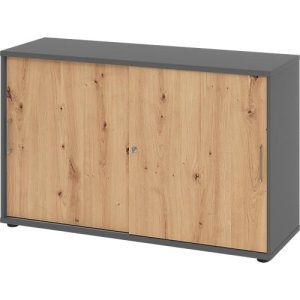 Schiebetürschrank Breno, abschließbar, Spanplatte, melaminharzbeschichtet, B 1200 x T 400 x H 748 mm, 2 Ordnerhöhen, Graphit/Asteiche