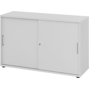 Schiebetürschrank Breno, abschließbar, Spanplatte, melaminharzbeschichtet, B 1200 x T 400 x H 748 mm, 2 Ordnerhöhen, lichtgrau/lichtgrau