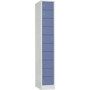 Schließfachschrank, Stahlbl., Türanschl. rechts, Zylinderschloss, 10 Fächer, B 300 x H 1800 mm, l.grau RAL 7035/t.blau RAL 5014 Schließfachschrank, Stahlbl., Türanschl. rechts, Zylinderschloss, 10 Fächer, B 300 x H 1800 mm, l.grau RAL 7035/t.blau RAL 5014