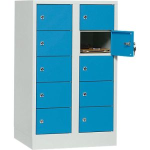 Schließfachschrank, Stahlbl., Türanschl. rechts, Zylinderschloss, 10 Fächer, B 600 x H 965 mm, l.grau RAL 7035/l.blau R 5012