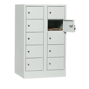Schließfachschrank, Stahlbl., Türanschl. rechts, Zylinderschloss, 10 Fächer, B 600 x H 965 mm, l.grau RAL 7035/l.grau RAL 7035 Schließfachschrank, Stahlbl., Türanschl. rechts, Zylinderschloss, 10 Fächer, B 600 x H 965 mm, l.grau RAL 7035/l.grau RAL 7035