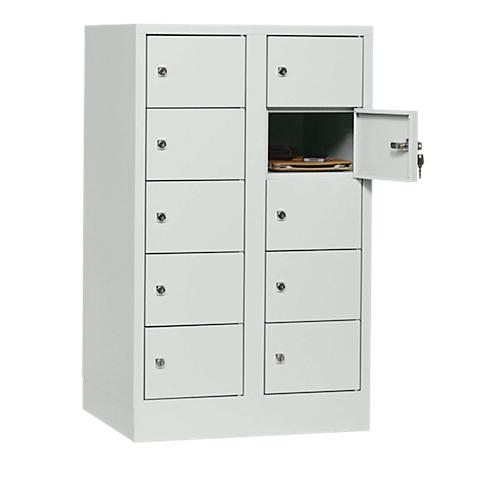 Schließfachschrank, Stahlbl., Türanschl. rechts, Zylinderschloss, 10 Fächer, B 600 x H 965 mm, l.grau RAL 7035/l.grau RAL 7035