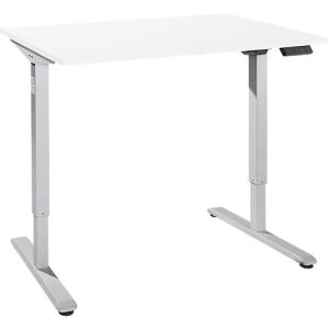 Schreibtisch, elektrisch höhenverstellbar, Rechteck, T-Fuß, B 1200 x T 800 x H 755-1255 mm, weiß/weißalu + Memory-Bedienpanel, Kabelkanal