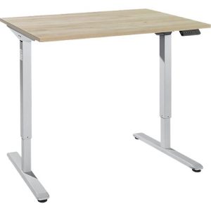 Schreibtisch, elektrisch höhenverstellbar, Rechteck, T-Fuß, B 1200 x T 800 x H 755-1255 mm, Wildeiche/weißalu + Memory-Bedienpanel, Kabelkanal