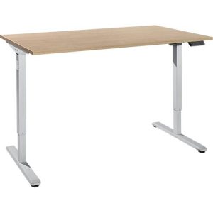 Schreibtisch, elektrisch höhenverstellbar, Rechteck, T-Fuß, B 1600 x T 800 x H 755-1255 mm, Eiche/weißalu + Memory-Bedienpanel, Kabelkanal
