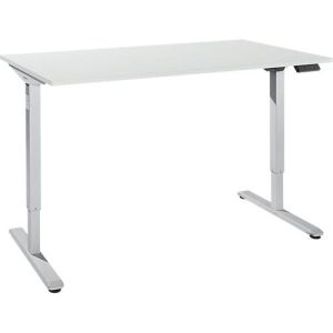 Schreibtisch, elektrisch höhenverstellbar, Rechteck, T-Fuß, B 1600 x T 800 x H 755-1255 mm, lichtgrau/weißalu + Memory-Bedienpanel, Kabelkanal
