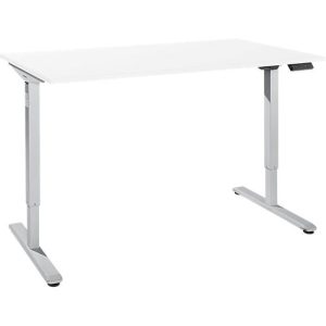 Schreibtisch, elektrisch höhenverstellbar, Rechteck, T-Fuß, B 1600 x T 800 x H 755-1255 mm, weiß/weißalu + Memory-Bedienpanel, Kabelkanal
