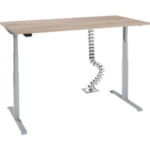 Schreibtisch, elektrisch höhenverstellbar, T-Fuß, H 620-1270 mm, Eiche/weißaluminium + Memory-Bedienelement und Gratis Kabelschlange Quadro