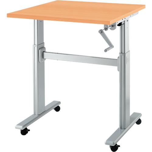 Schreibtisch Multitable, manuell höhenverstellbar, Quadrat, T-Fuß, B 800 x T 800 x H 708-1118 mm, Buche/weißaluminium