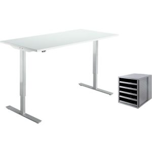Schreibtisch Start Off, elektrisch höhenverstellbar, B 1600 mm, lichtgrau/weißalu + Gratis Schubladenbox Schrank-Set Karma, grau Schreibtisch Start Off, elektrisch höhenverstellbar, B 1600 mm, lichtgrau/weißalu + Gratis Schubladenbox Schrank-Set Karma, grau
