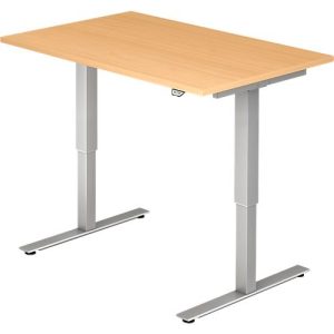 Schreibtisch ULM, elektrisch höhenverstellbar, Rechteck, T-Fuß, B 1200 x T 800 x H 720-1190 mm, Buche/alusilber + Kabelwanne Schreibtisch ULM, elektrisch höhenverstellbar, Rechteck, T-Fuß, B 1200 x T 800 x H 720-1190 mm, Buche/alusilber + Kabelwanne