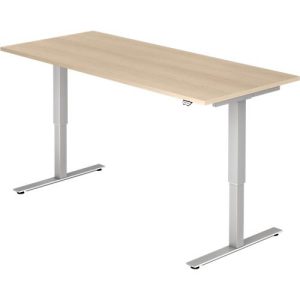 Schreibtisch ULM, elektrisch höhenverstellbar, Rechteck, T-Fuß, B 1800 x T 800 x H 720-1190 mm, Eiche/alusilber + Kabelwanne Schreibtisch ULM, elektrisch höhenverstellbar, Rechteck, T-Fuß, B 1800 x T 800 x H 720-1190 mm, Eiche/alusilber + Kabelwanne
