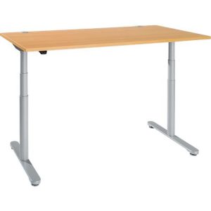Schreibtisch, zweistufig elektrisch höhenverstellbar, T-Fuß Rundrohr, B 1600 x T 800 x H 634-1294 mm, Buche/weißaluminium