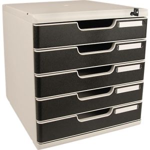Schubladenbox MODULO, Format A4+, 5 abschließbare Schübe, geschlossen, Griffmulde & Etikettenhalter, 2 Schlüssel, Kunststoff, grau