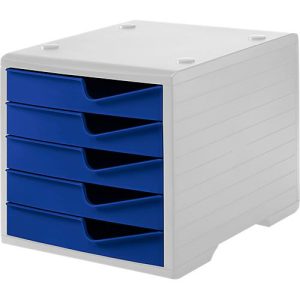 Schubladenbox styro® styroswing, 5 Schübe, Auszugsperre & Griffmulde, stapelbar, B 270 x T 340 x H 255 mm, Polystyrol, grau-blau Schubladenbox styro® styroswing, 5 Schübe, Auszugsperre & Griffmulde, stapelbar, B 270 x T 340 x H 255 mm, Polystyrol, grau-blau