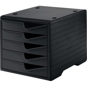 Schubladenbox styro® styroswing, 5 Schübe, Auszugsperre & Griffmulde, stapelbar, B 270 x T 340 x H 255 mm, Polystyrol, schwarz-schwarz