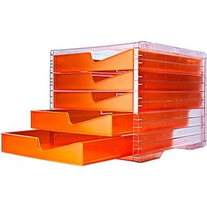 Schubladenbox styro® styroswing NEONline, 5 Schübe, Auszugsperre & Griffmulde, stapelbar, B 270 x T 340 x H 255 mm, Polystyrol, transparent-neonorange Schubladenbox styro® styroswing NEONline, 5 Schübe, Auszugsperre & Griffmulde, stapelbar, B 270 x T 340 x H 255 mm, Polystyrol, transparent-neonorange