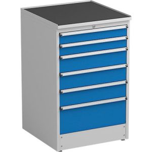 Schubladenschrank Treston, 6 Schubladen, abschließbar, B 715 x T 715 x H 1100 mm, Stahl, lichtgrau RAL 7035/blau RAL 5007