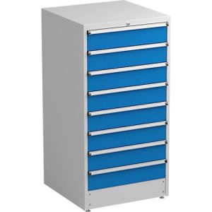 Schubladenschrank Treston, 9 Schubladen, abschließbar, B 715 x T 715 x H 1400 mm, Stahl, lichtgrau RAL 7035/blau RAL 5007