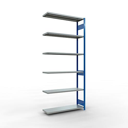 SCHULTE Lagertechnik Fachbodenregal - Stecksystem MULTIplus 250, Anbauregal, Längenriegel, 3000x1300x400 mm, 7 Böden, enzianblau/verzinkt