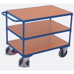 Schwerer Tischwagen, Stahl/MDF-Platte, Enzianblau/Buche-Dekor, 3 Etagen, L 850 x B 500 mm, TPE-Rollen mit EasySTOP, bis 400 kg