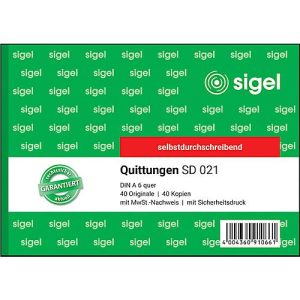 sigel® Quittungen mit MWSt.-Nachweis SD021, DIN A6 quer, 2 x 40 Blatt, selbstdurchschreibend
